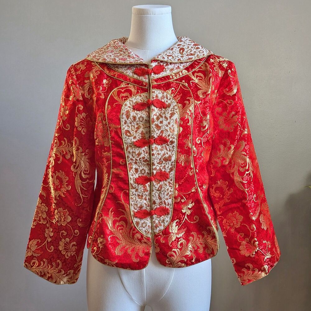 Huamei Red Brocade Jacket Traditional Chinese Gold Frog Closure Size 15 - Picture 13 of 15